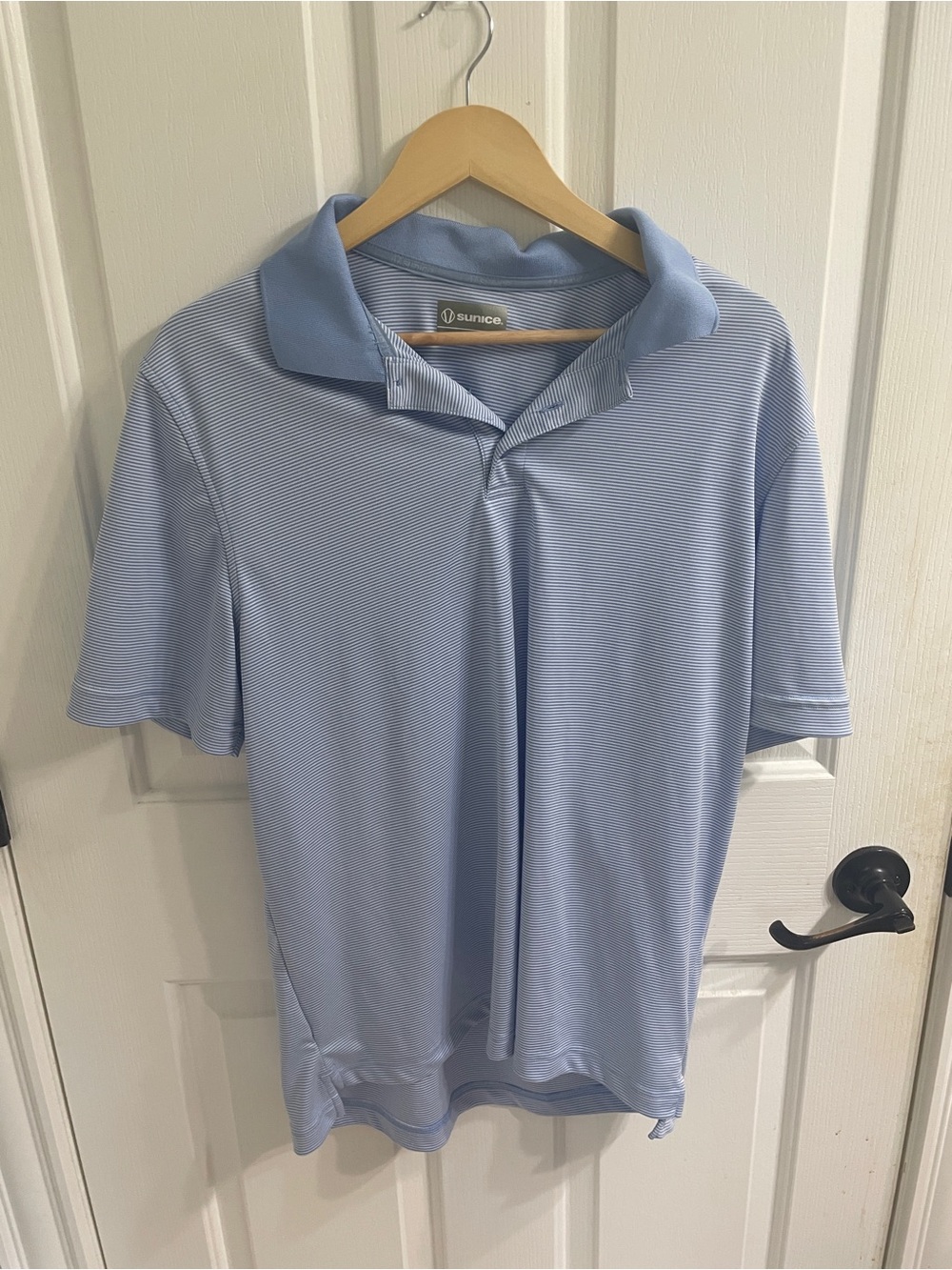 Sunice Men's Large Golf Polo - Blue and White Fine Stripes